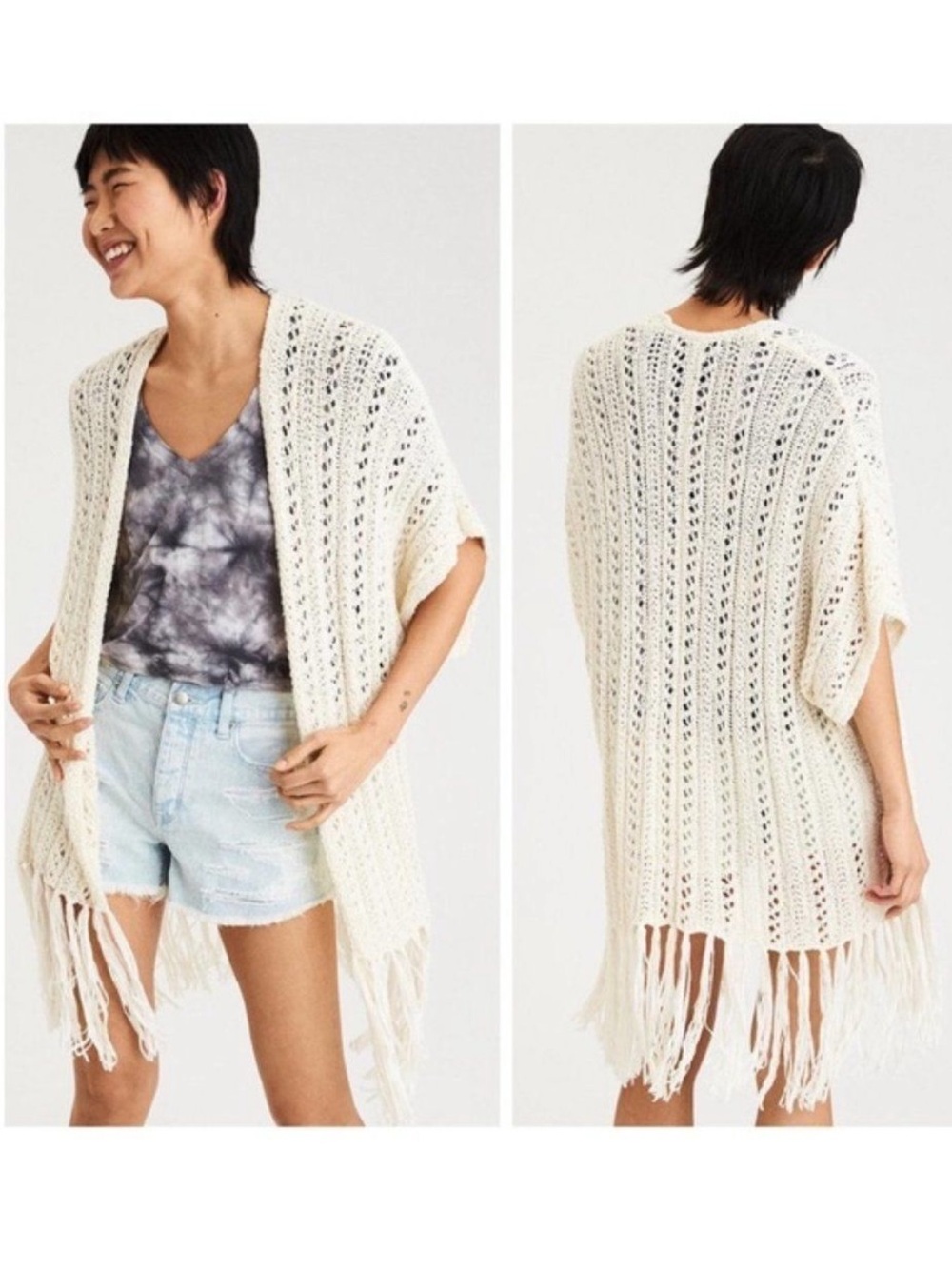 American Eagle Outfitters | EUC Open-Knit Fringe Kimono in Cream